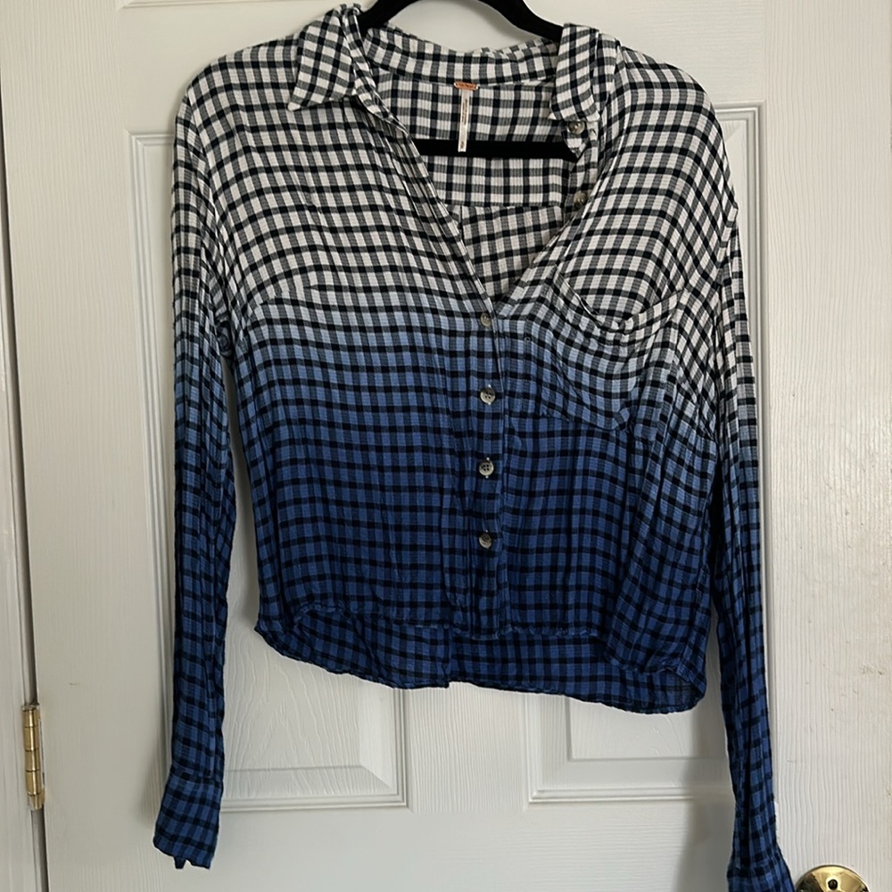 Free People “Lost My Way” Ombré Dip Dye Crop Flannel Plaid Top- Small
